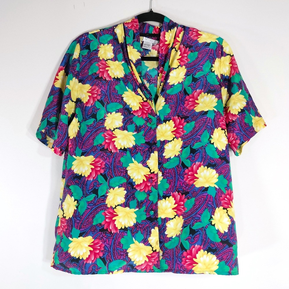 Sellecca Vintage Floral Blouse; Short Sleeve Floral Paisley Button Up